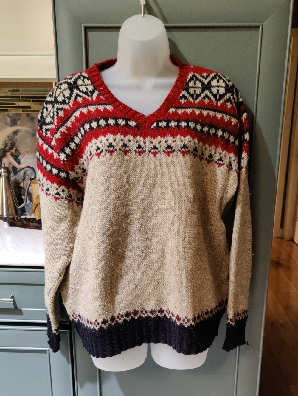 Eddie Bauer Women's V-Neck Fair Isle Sweater in Cream, Red, and Black